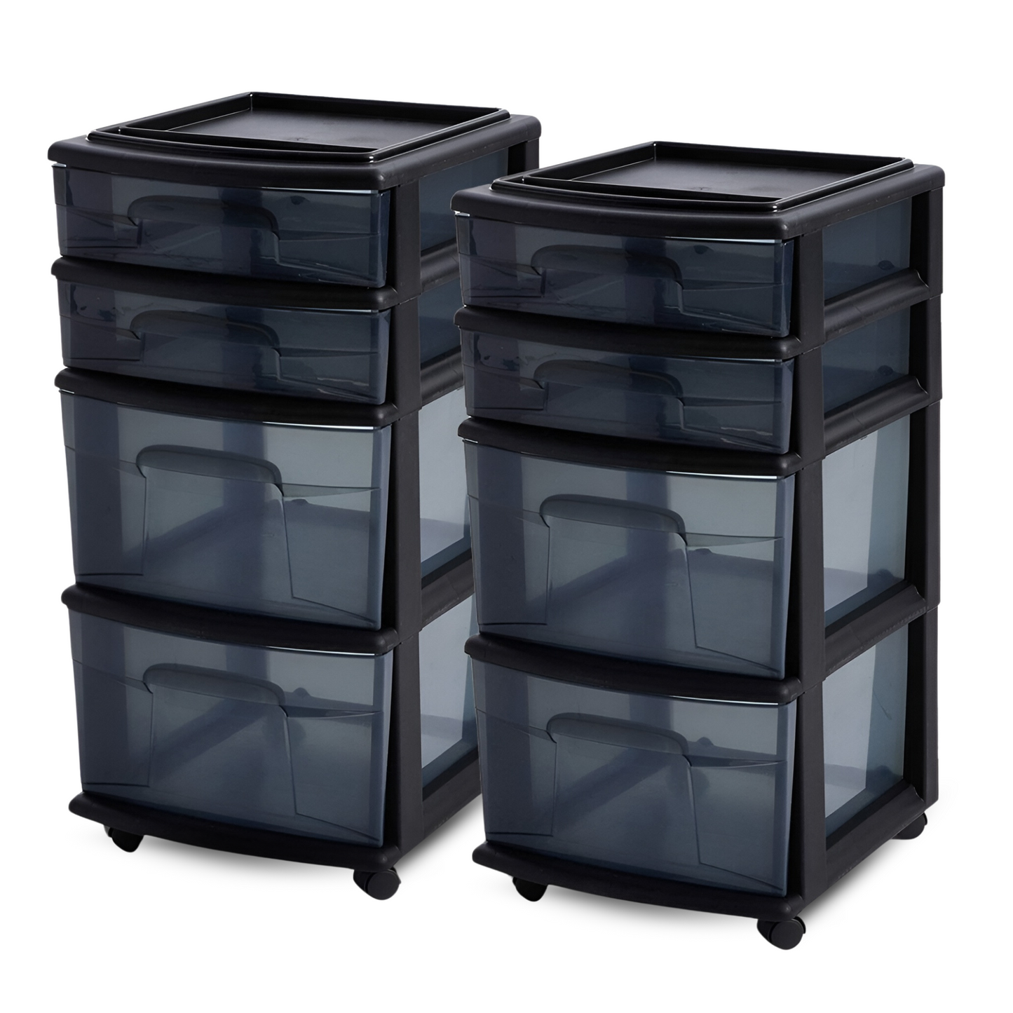Homz Tall Solid Plastic 4 Drawer Medium Storage Cart with Wheels, Black (2 Pack)