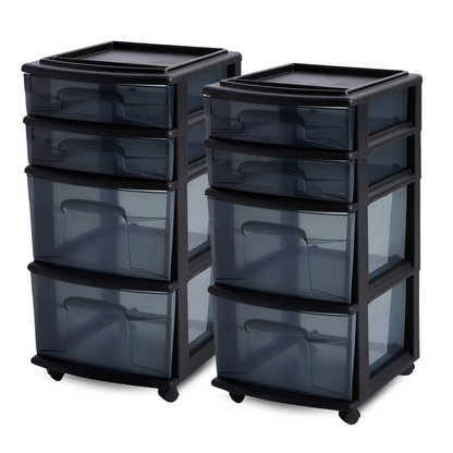 Homz Tall Solid Plastic 4 Drawer Medium Storage Cart with Wheels, Black (2 Pack)