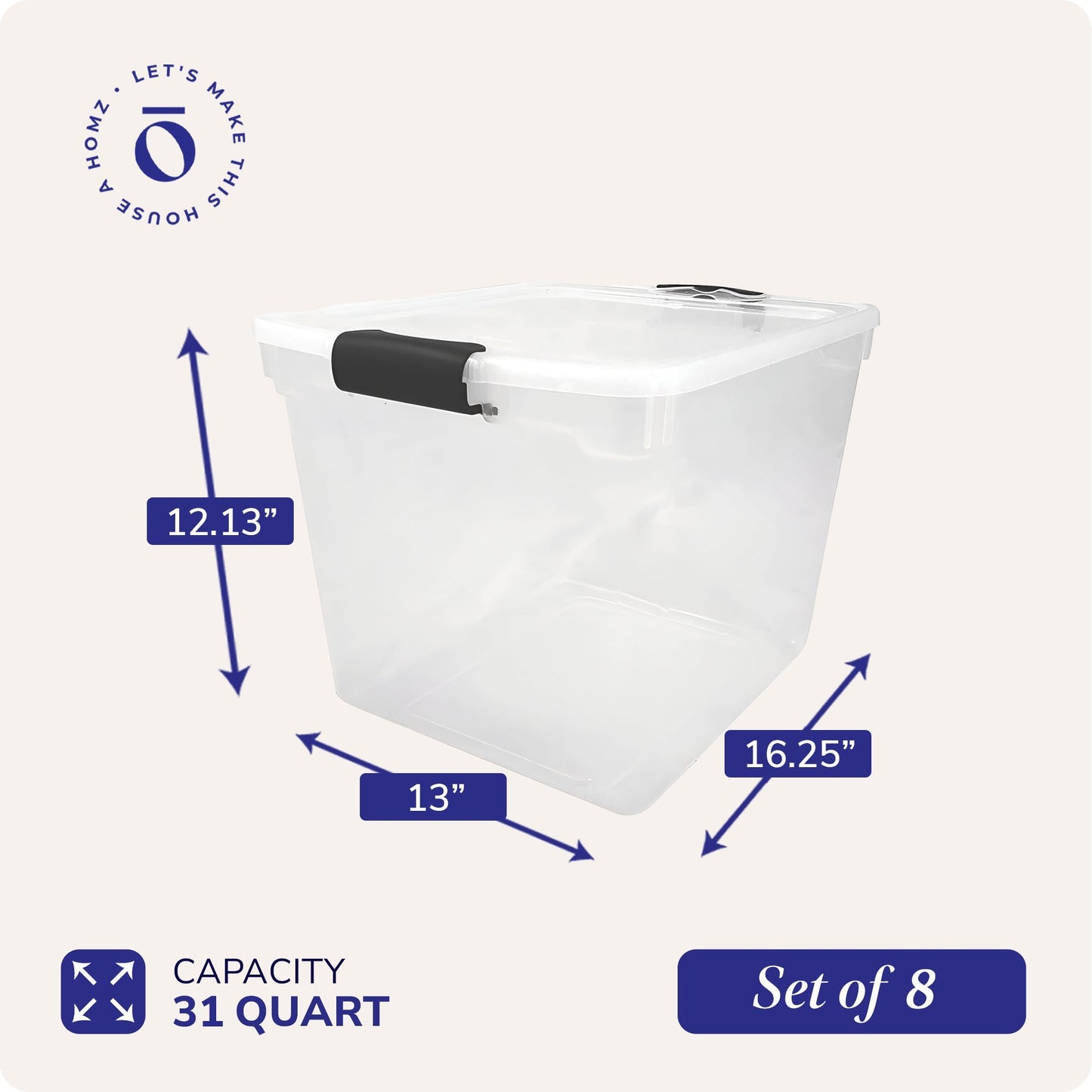 Homz Secure Latch Large Clear Stackable Storage Container Bin, 31 Quart (8 Pack)