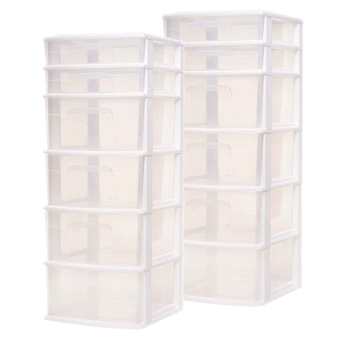 Homz Plastic 6 Clear Drawer Medium Home Storage Container Tower, White (2 Pack)