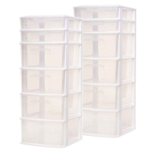 Homz Plastic 6 Clear Drawer Medium Home Storage Container Tower, White (2 Pack)