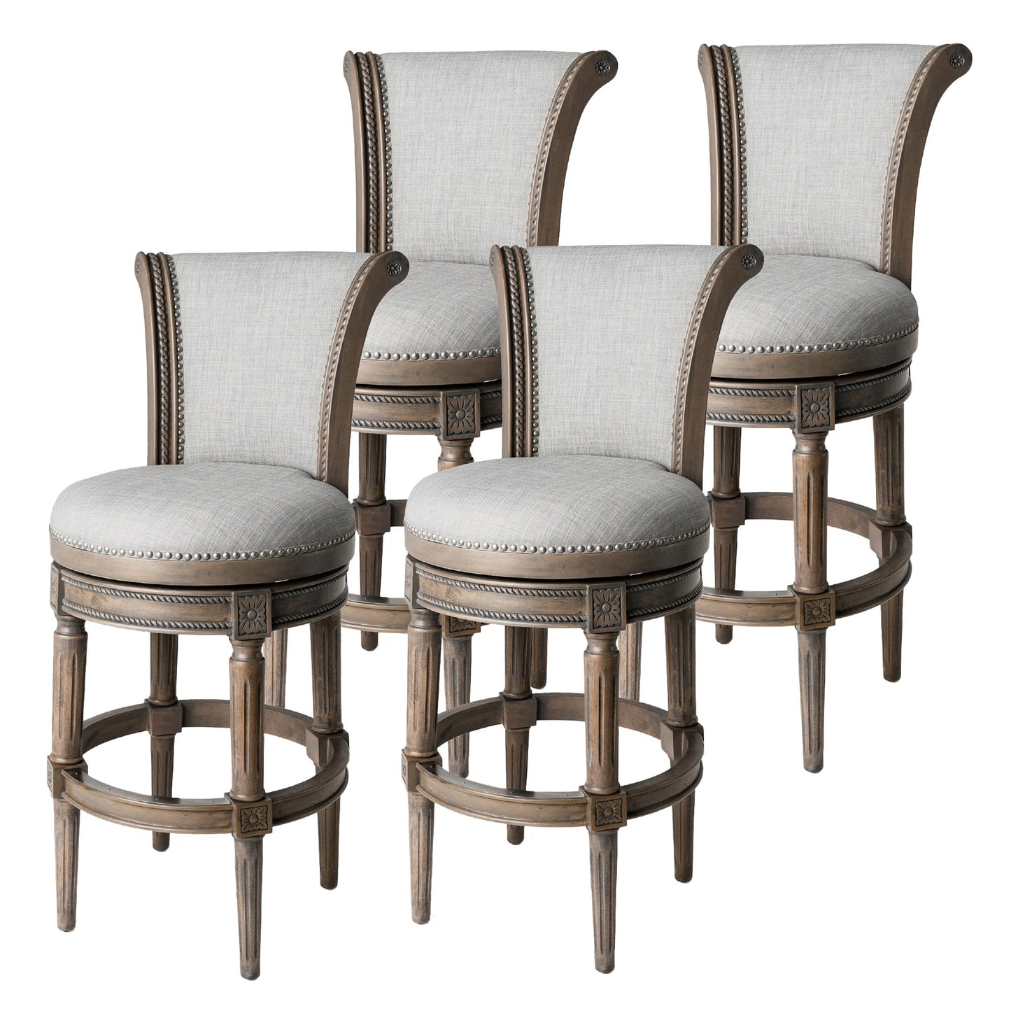 Maven Lane Pullman Bar Stool, Reclaimed Oak Finish w/ Ash Grey Fabric Upholstery, Set of 4