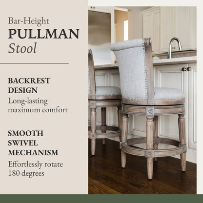 Maven Lane Pullman Bar Stool, Reclaimed Oak Finish w/ Ash Grey Fabric Upholstery, Set of 4