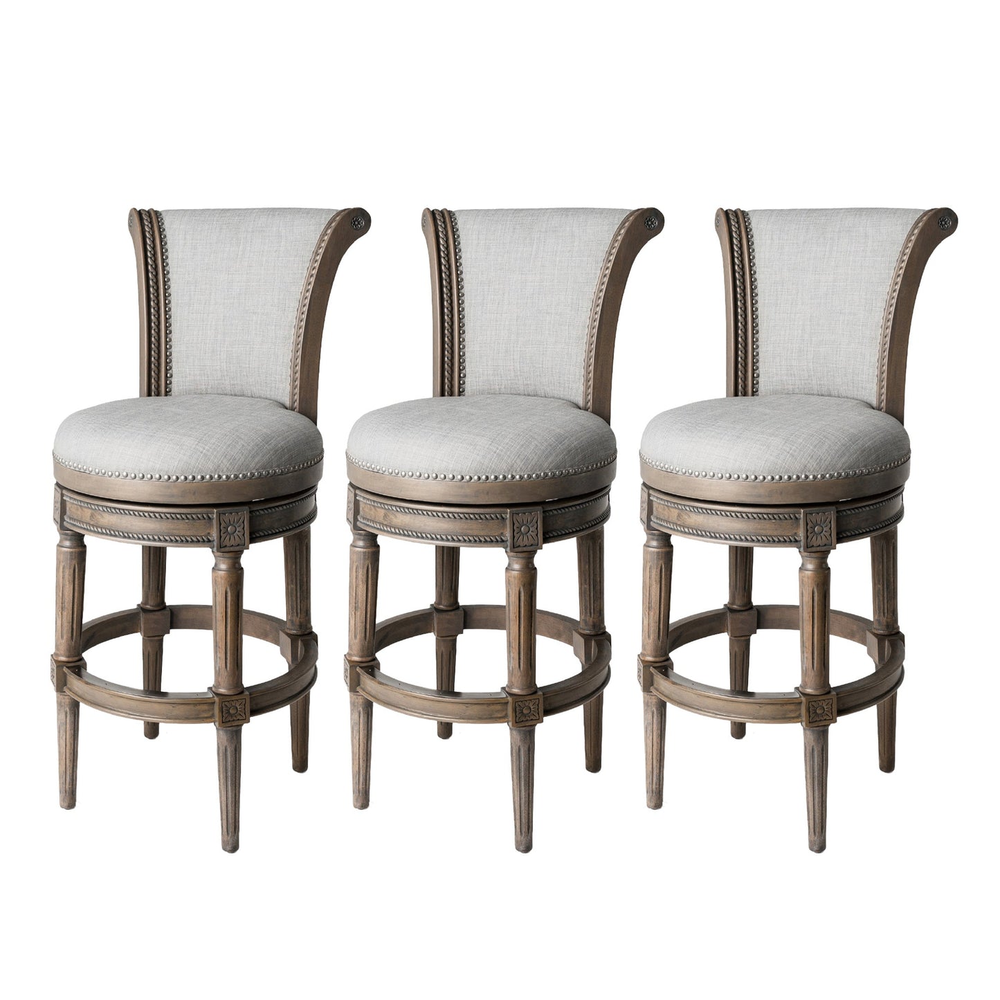 Maven Lane Pullman Bar Stool, Reclaimed Oak Finish w/ Ash Grey Fabric Upholstery, Set of 3