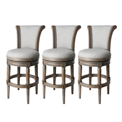 Maven Lane Pullman Bar Stool, Reclaimed Oak Finish w/ Ash Grey Fabric Upholstery, Set of 3