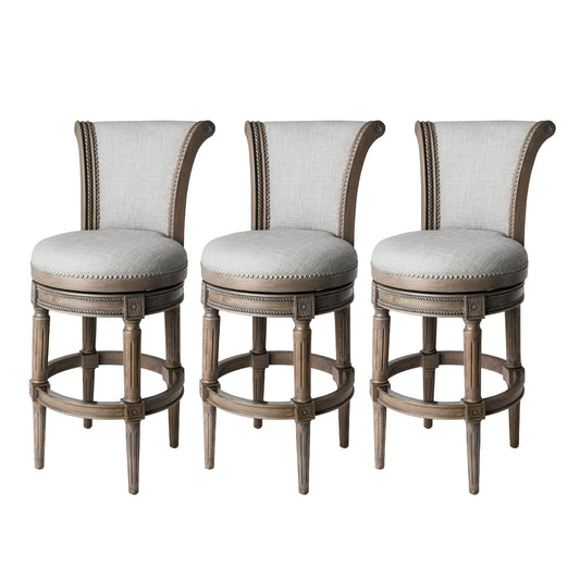 Maven Lane Pullman Bar Stool, Reclaimed Oak Finish w/ Ash Grey Fabric Upholstery, Set of 3