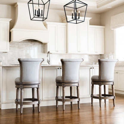 Maven Lane Pullman Bar Stool, Reclaimed Oak Finish w/ Ash Grey Fabric Upholstery, Set of 3