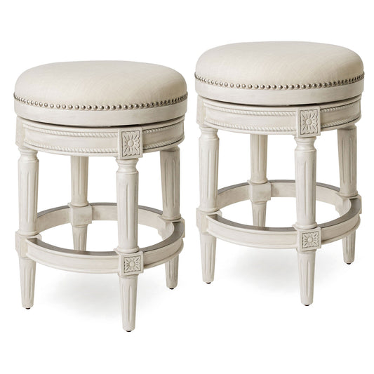 Maven Lane Pullman Backless Counter Stool in White Oak Finish w/ Natural Color Fabric Upholstery, Set of 2
