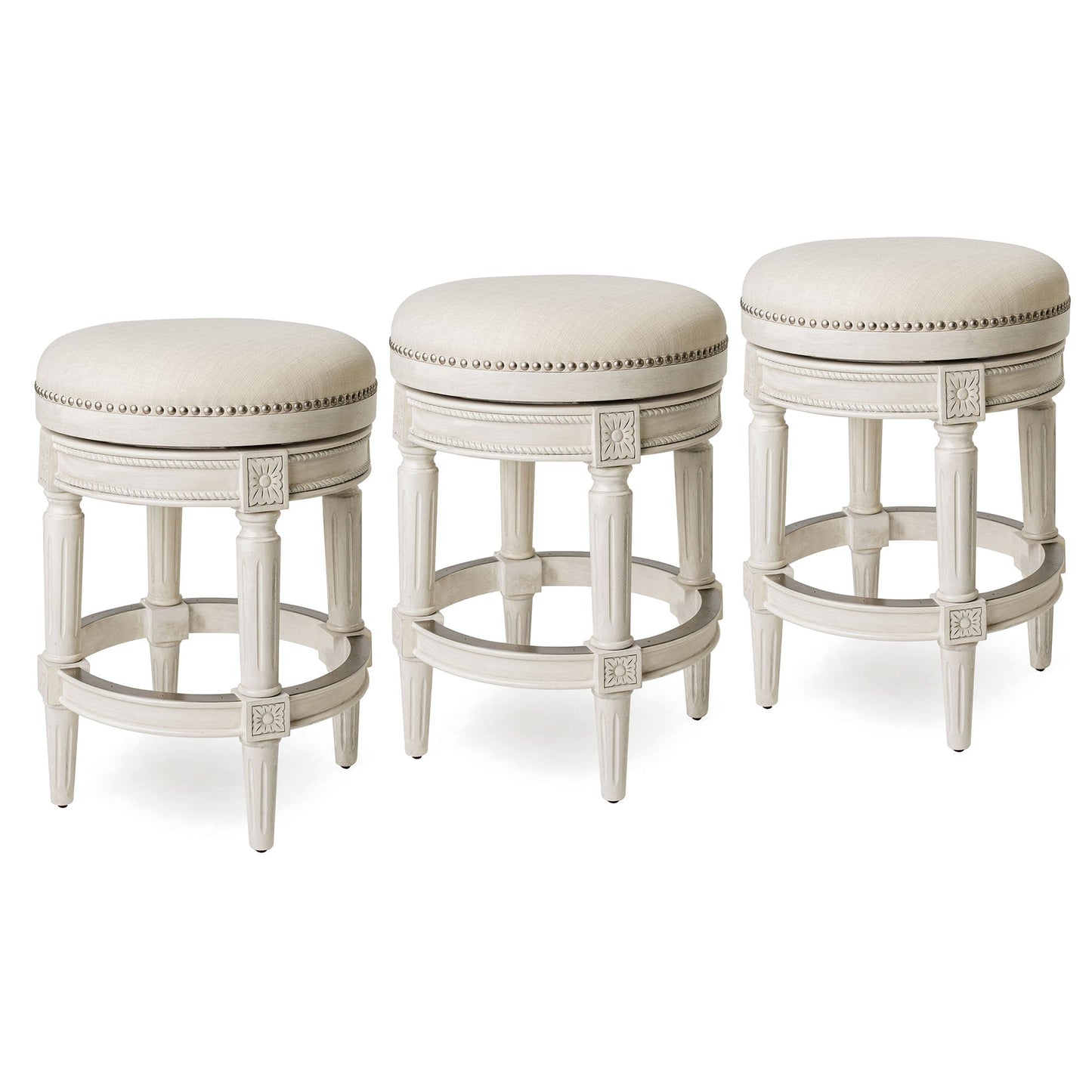 Maven Lane Pullman Backless Counter Stool in White Oak Finish w/ Natural Color Fabric Upholstery, Set of 3