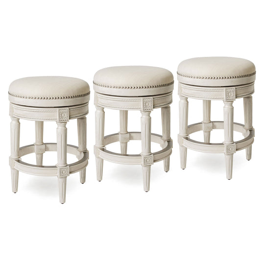 Maven Lane Pullman Backless Counter Stool in White Oak Finish w/ Natural Color Fabric Upholstery, Set of 3