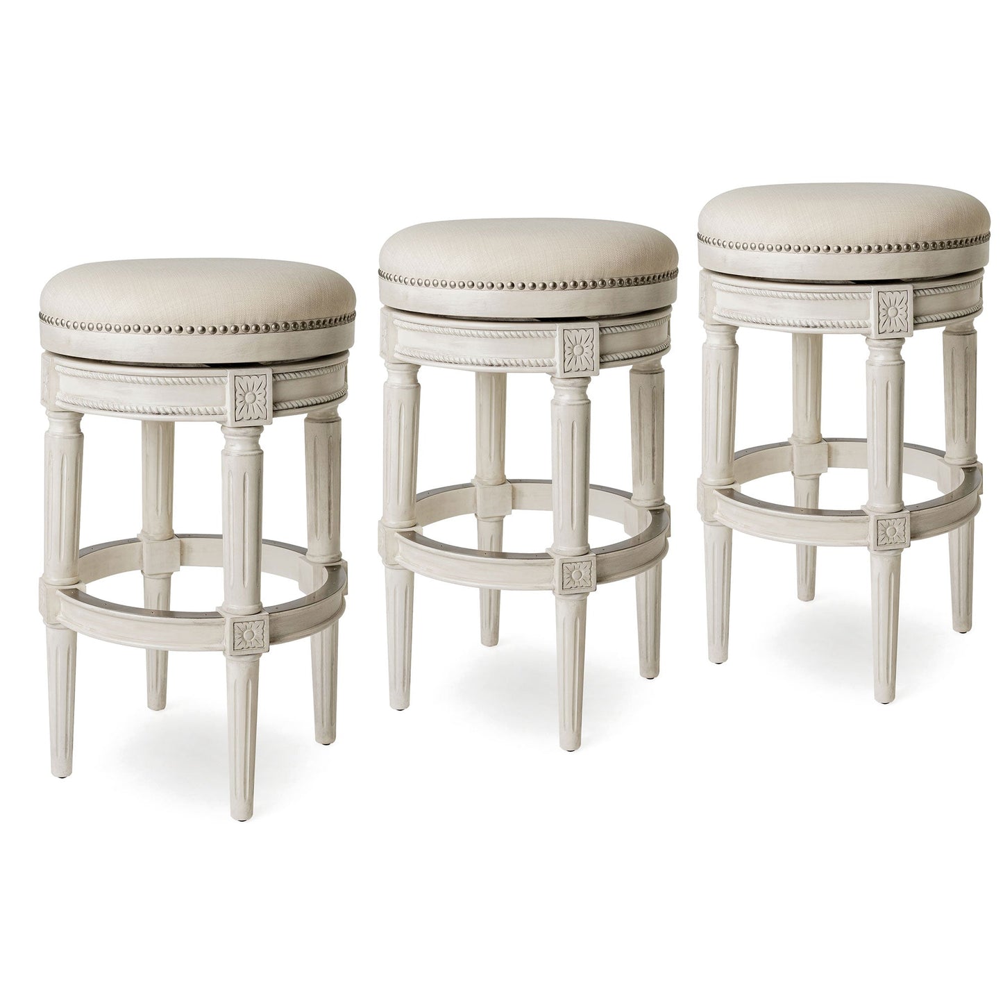 Maven Lane Pullman Backless Bar Stool in White Oak Finish w/ Natural Color Fabric Upholstery, Set of 3