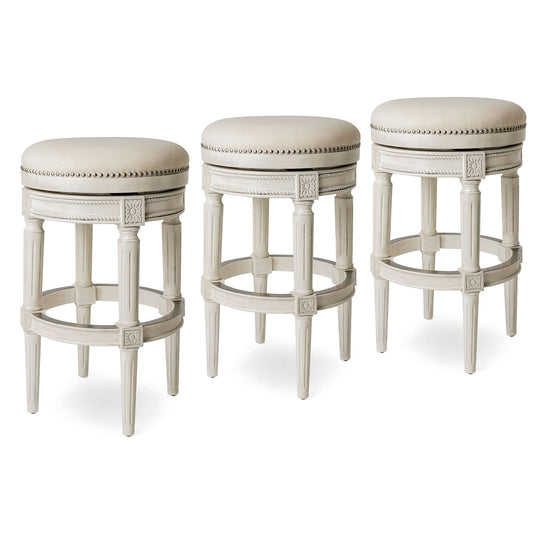 Maven Lane Pullman Backless Bar Stool in White Oak Finish w/ Natural Color Fabric Upholstery, Set of 3