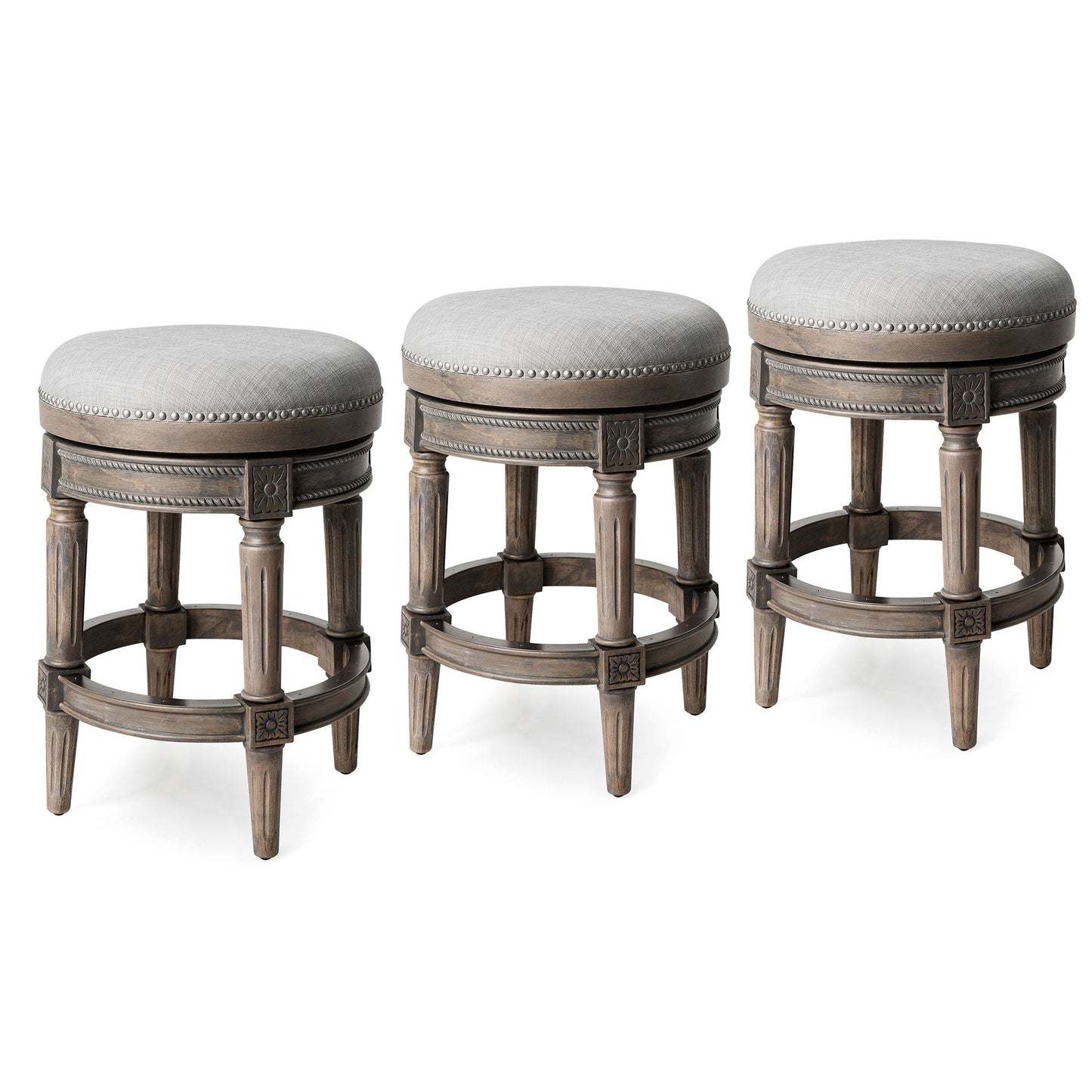 Maven Lane Pullman Backless Counter Stool in Reclaimed Oak Finish with Ash Grey Fabric Upholstery, Set of 3
