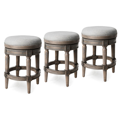 Maven Lane Pullman Backless Counter Stool in Reclaimed Oak Finish with Ash Grey Fabric Upholstery, Set of 3