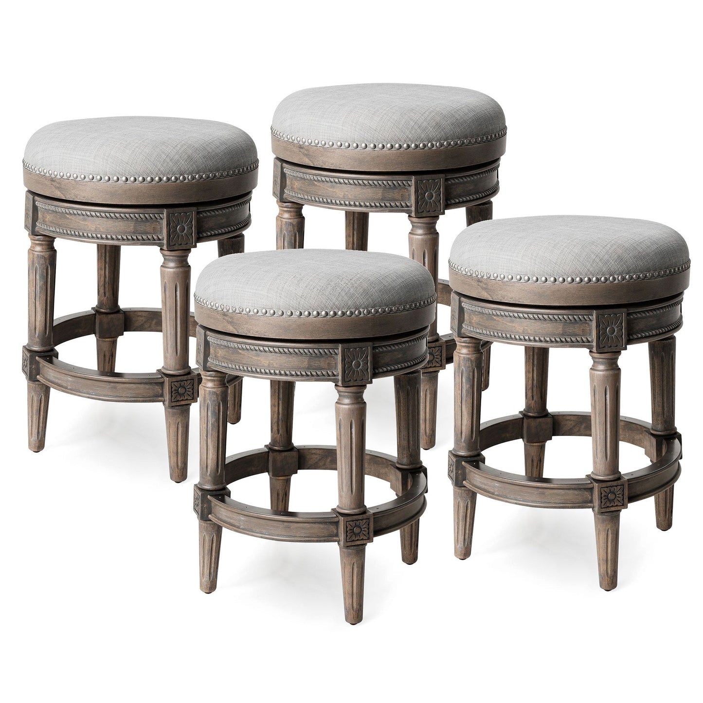 Maven Lane Pullman Backless Counter Stool in Reclaimed Oak Finish with Ash Grey Fabric Upholstery, Set of 4