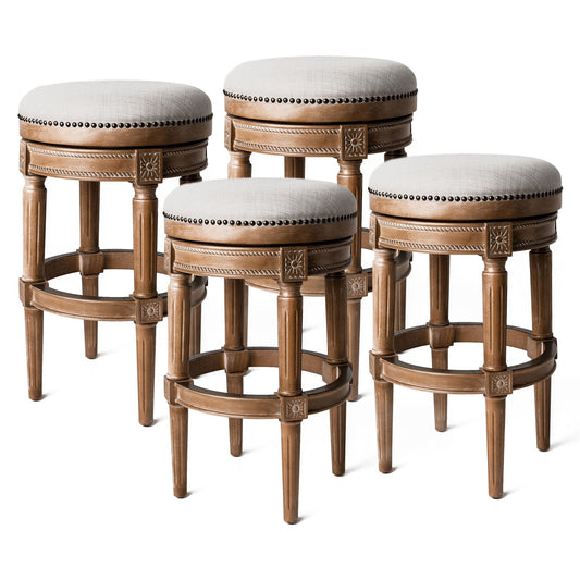 Maven Lane Pullman Backless Bar Stool in Weathered Oak Finish w/ Sand Color Fabric Upholstery, Set of 4