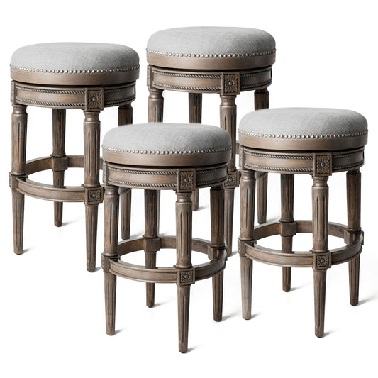 Maven Lane Pullman Backless Bar Stool in Reclaimed Oak Finish w/ Ash Grey Fabric Upholstery, Set of 4