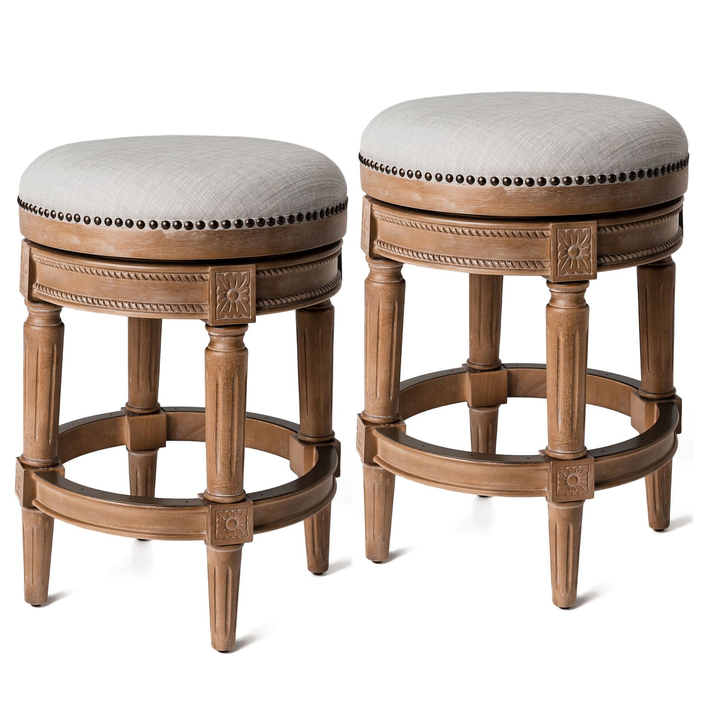 Maven Lane Pullman Backless Counter Stool in Weathered Oak Finish w/ Sand Color Fabric Upholstery, Set of 2
