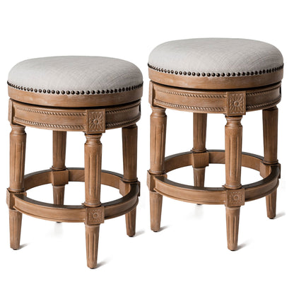 Maven Lane Pullman Backless Counter Stool in Weathered Oak Finish w/ Sand Color Fabric Upholstery, Set of 2