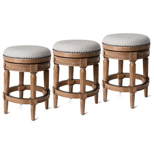Maven Lane Pullman Backless Counter Stool in Weathered Oak Finish w/ Sand Color Fabric Upholstery, Set of 3