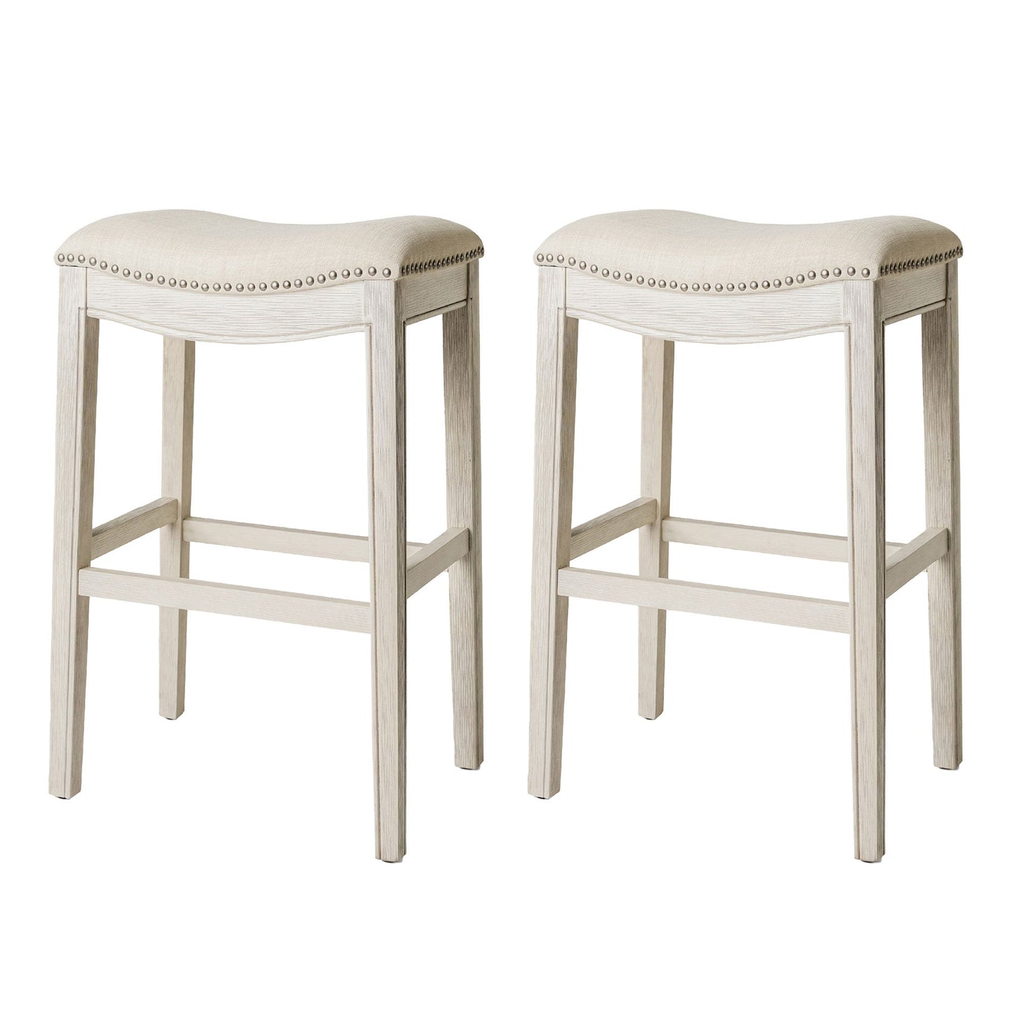 Maven Lane Adrien Saddle Bar Stool in White Oak Finish w/ Natural Fabric Upholstery, Set of 2