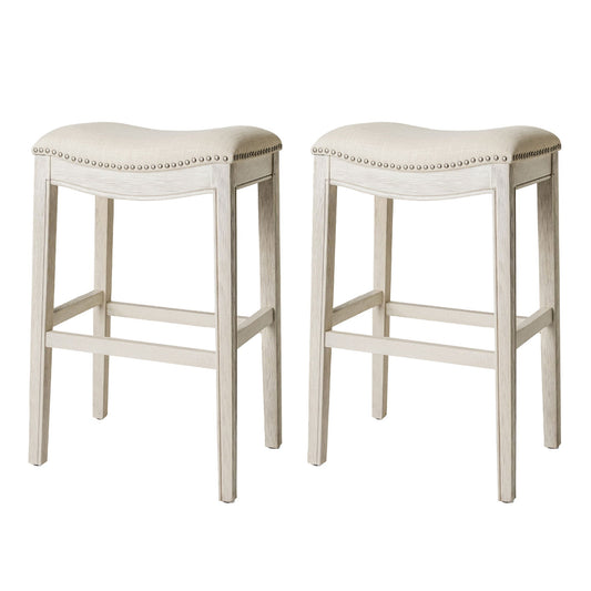 Maven Lane Adrien Saddle Bar Stool in White Oak Finish w/ Natural Fabric Upholstery, Set of 2