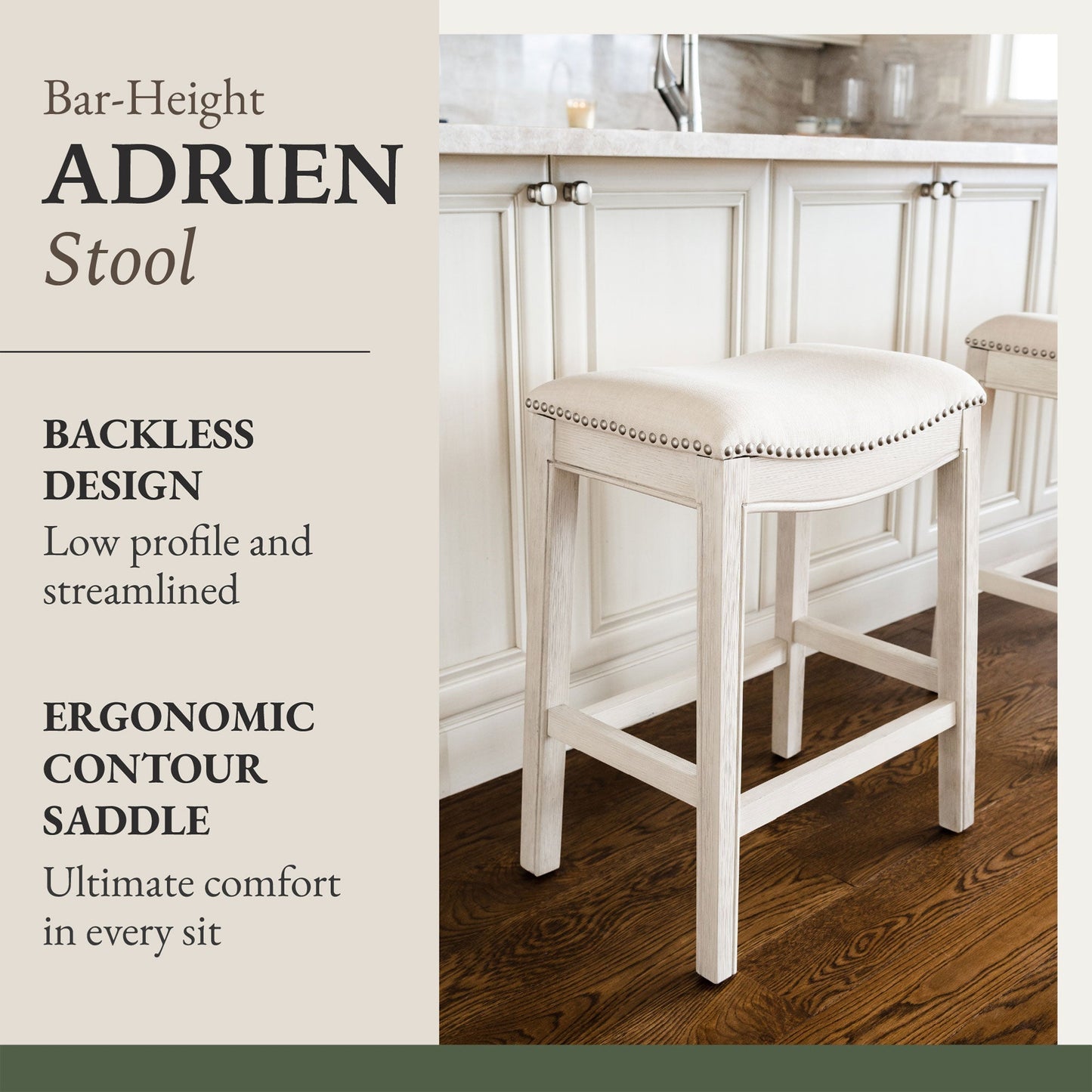 Maven Lane Adrien Saddle Bar Stool in White Oak Finish w/ Natural Fabric Upholstery, Set of 2