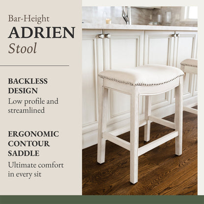 Maven Lane Adrien Saddle Bar Stool in White Oak Finish w/ Natural Fabric Upholstery, Set of 2