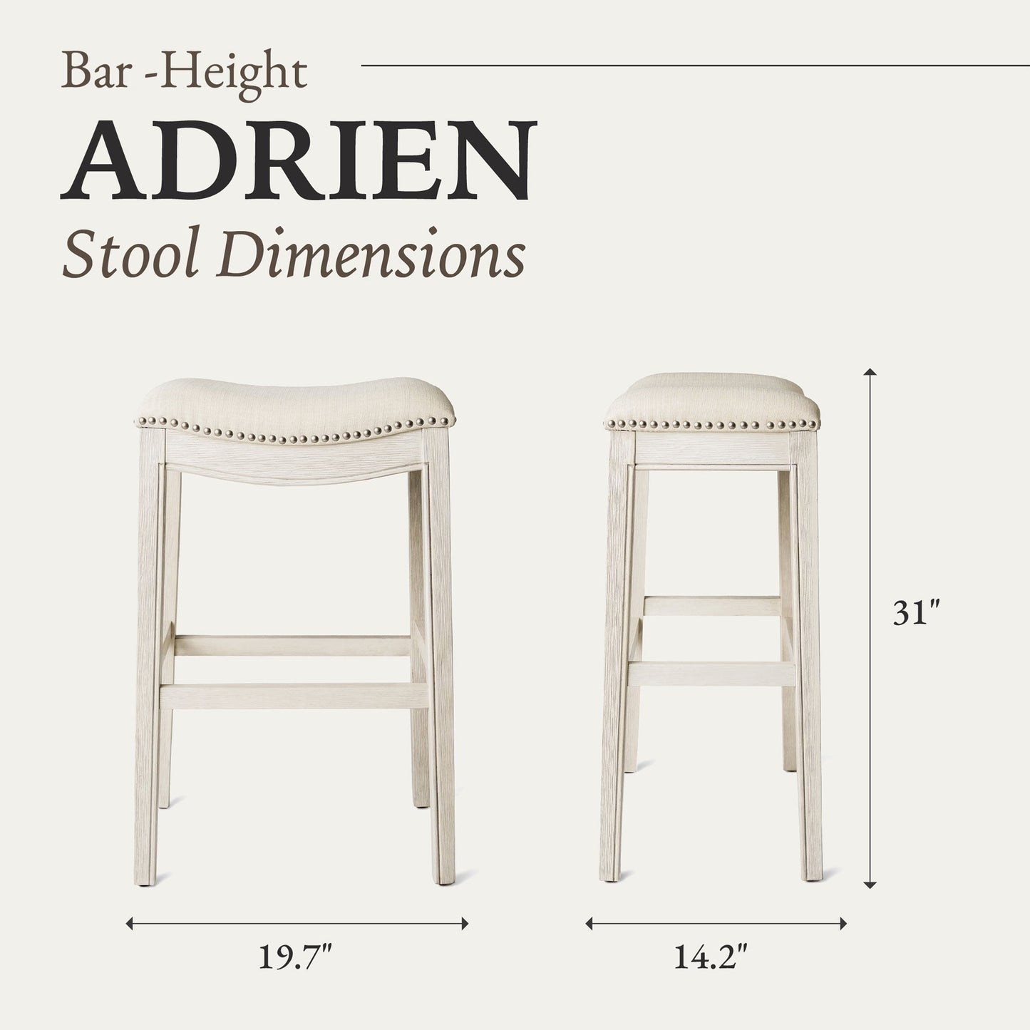 Maven Lane Adrien Saddle Bar Stool in White Oak Finish w/ Natural Fabric Upholstery, Set of 2