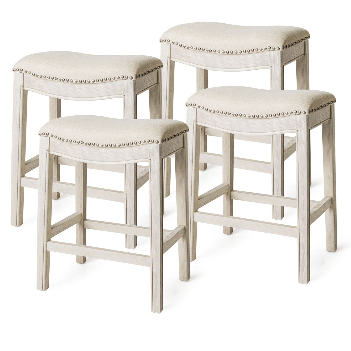 Maven Lane Adrien Saddle Counter Stool in White Oak Finish w/ Natural Fabric Upholstery, Set of 4