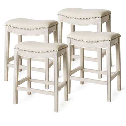 Maven Lane Adrien Saddle Counter Stool in White Oak Finish w/ Natural Fabric Upholstery, Set of 4