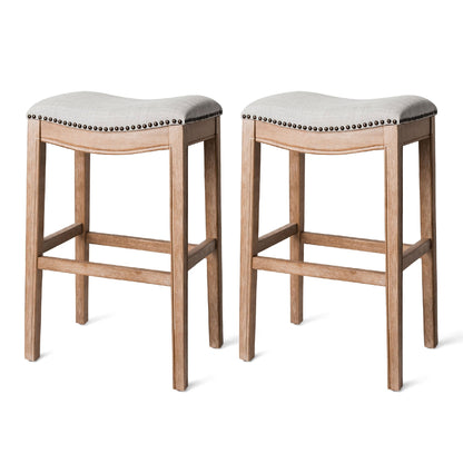 Maven Lane Adrien Saddle Bar Stool in Weathered Oak Finish w/ Sand Color Fabric Upholstery, Set of 2