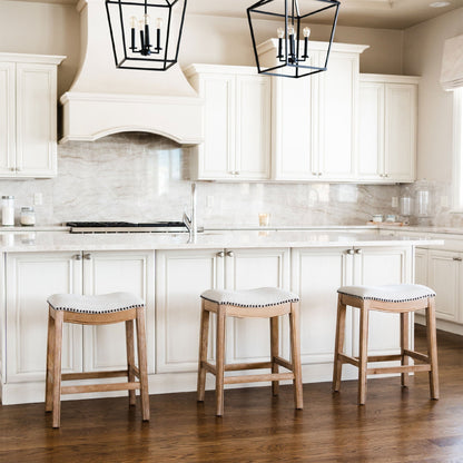 Maven Lane Adrien Saddle Bar Stool in Weathered Oak Finish w/ Sand Color Fabric Upholstery, Set of 2