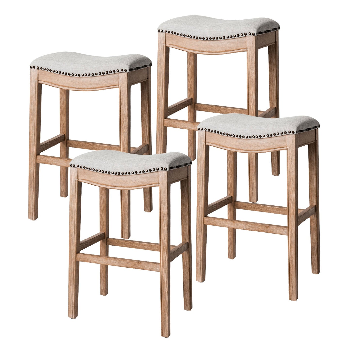 Maven Lane Adrien Saddle Bar Stool in Weathered Oak Finish w/ Sand Color Fabric Upholstery, Set of 4
