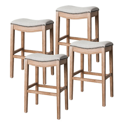 Maven Lane Adrien Saddle Bar Stool in Weathered Oak Finish w/ Sand Color Fabric Upholstery, Set of 4