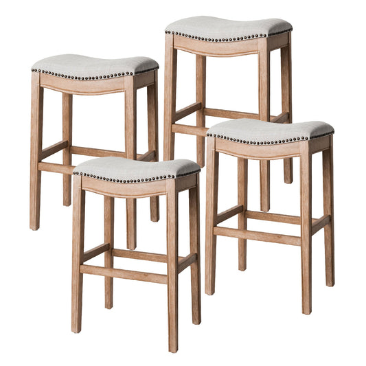 Maven Lane Adrien Saddle Bar Stool in Weathered Oak Finish w/ Sand Color Fabric Upholstery, Set of 4