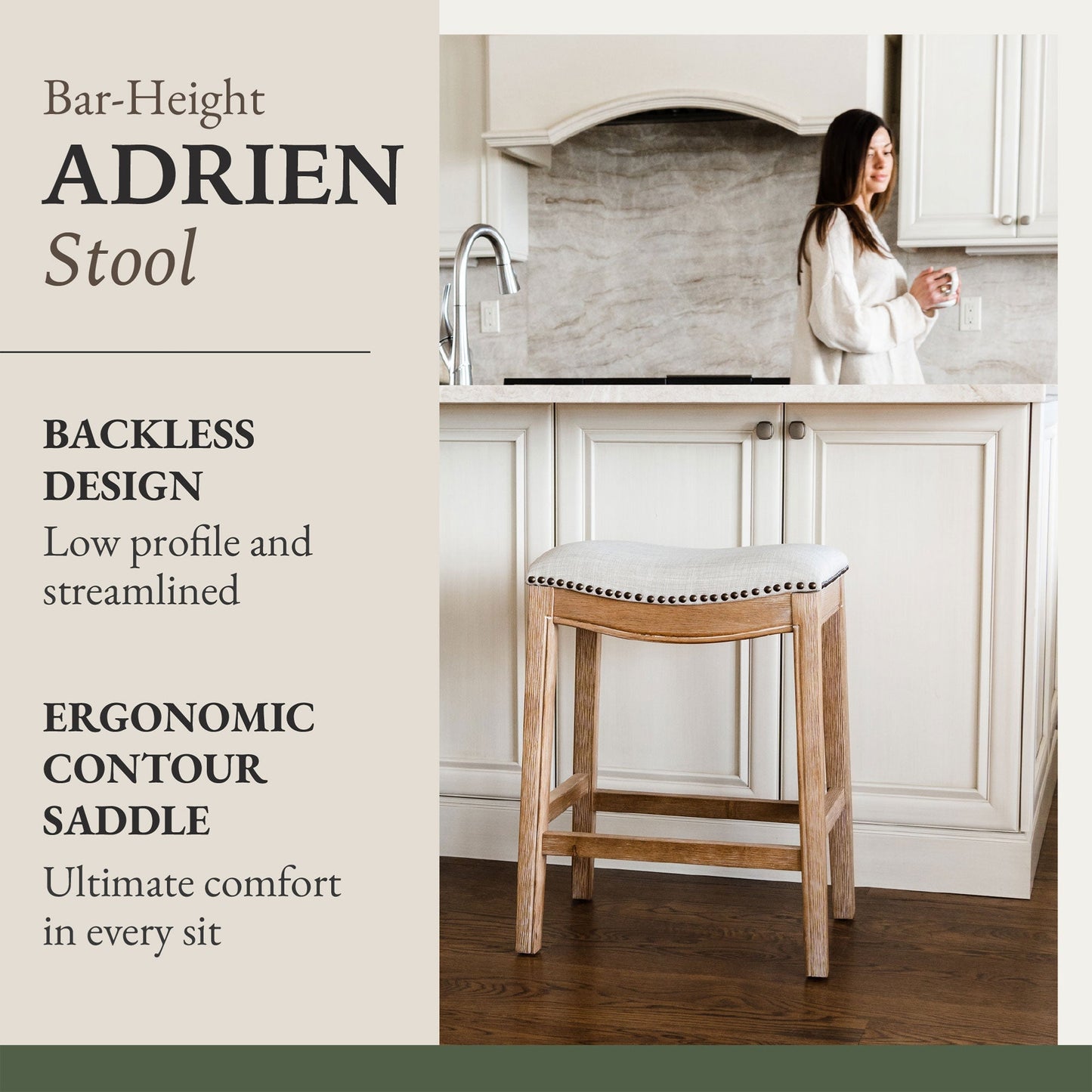 Maven Lane Adrien Saddle Bar Stool in Weathered Oak Finish w/ Sand Color Fabric Upholstery, Set of 4