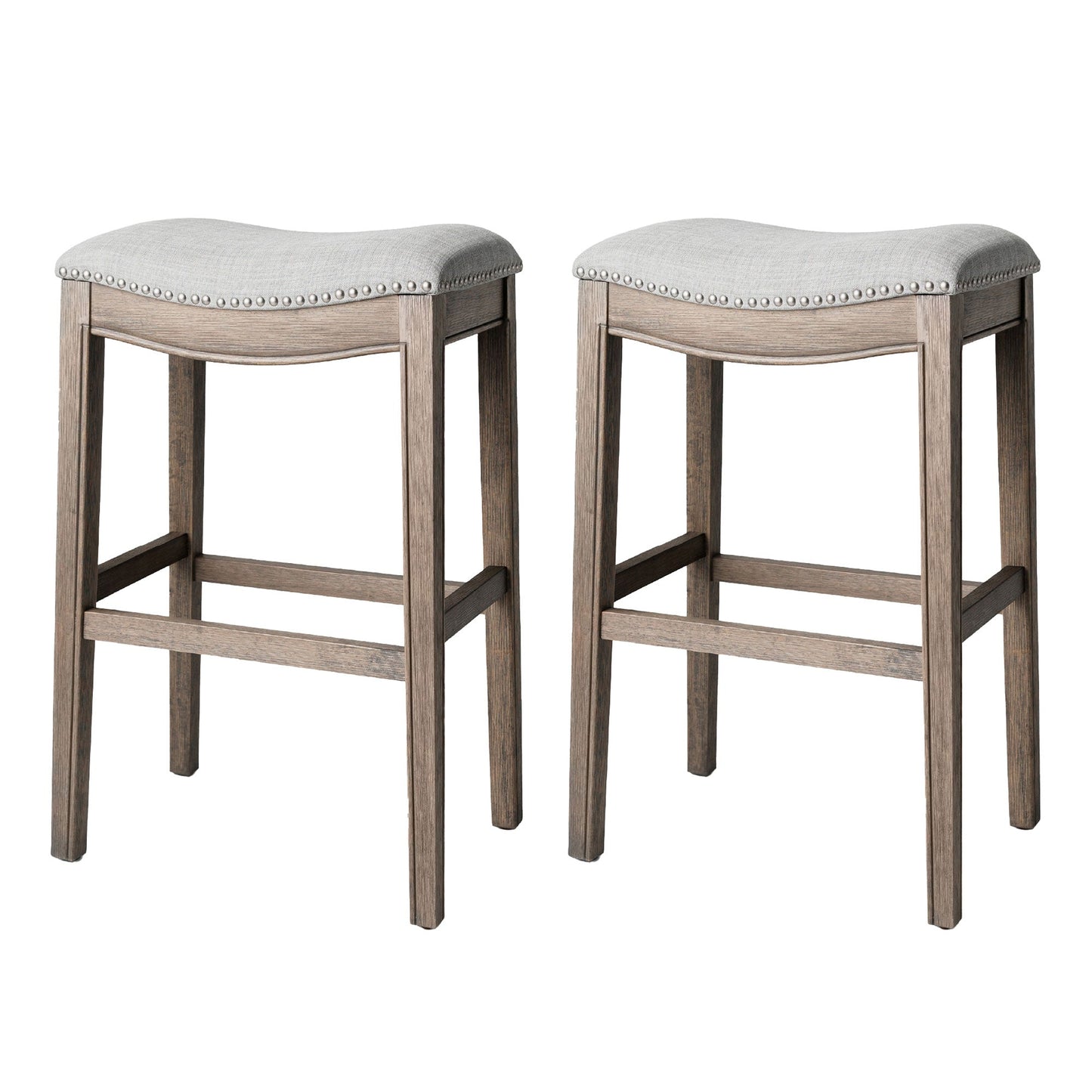 Maven Lane Adrien Saddle Bar Stool in Reclaimed Oak Finish with Ash Grey Fabric Upholstery, Set of 2