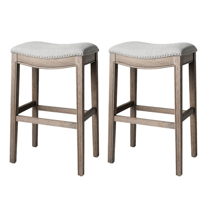 Maven Lane Adrien Saddle Bar Stool in Reclaimed Oak Finish with Ash Grey Fabric Upholstery, Set of 2
