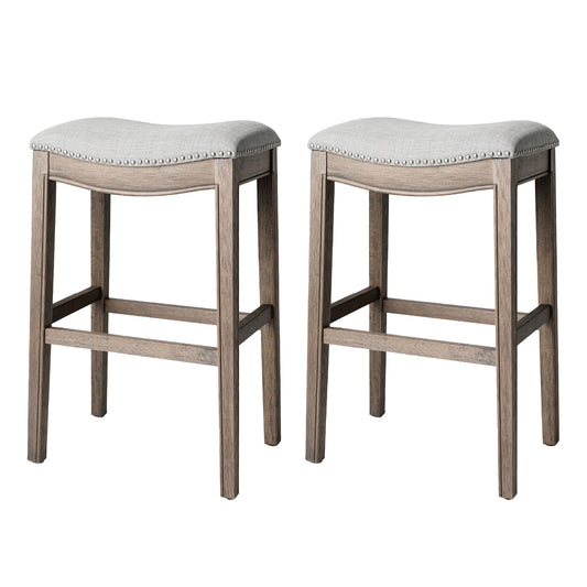 Maven Lane Adrien Saddle Bar Stool in Reclaimed Oak Finish with Ash Grey Fabric Upholstery, Set of 2