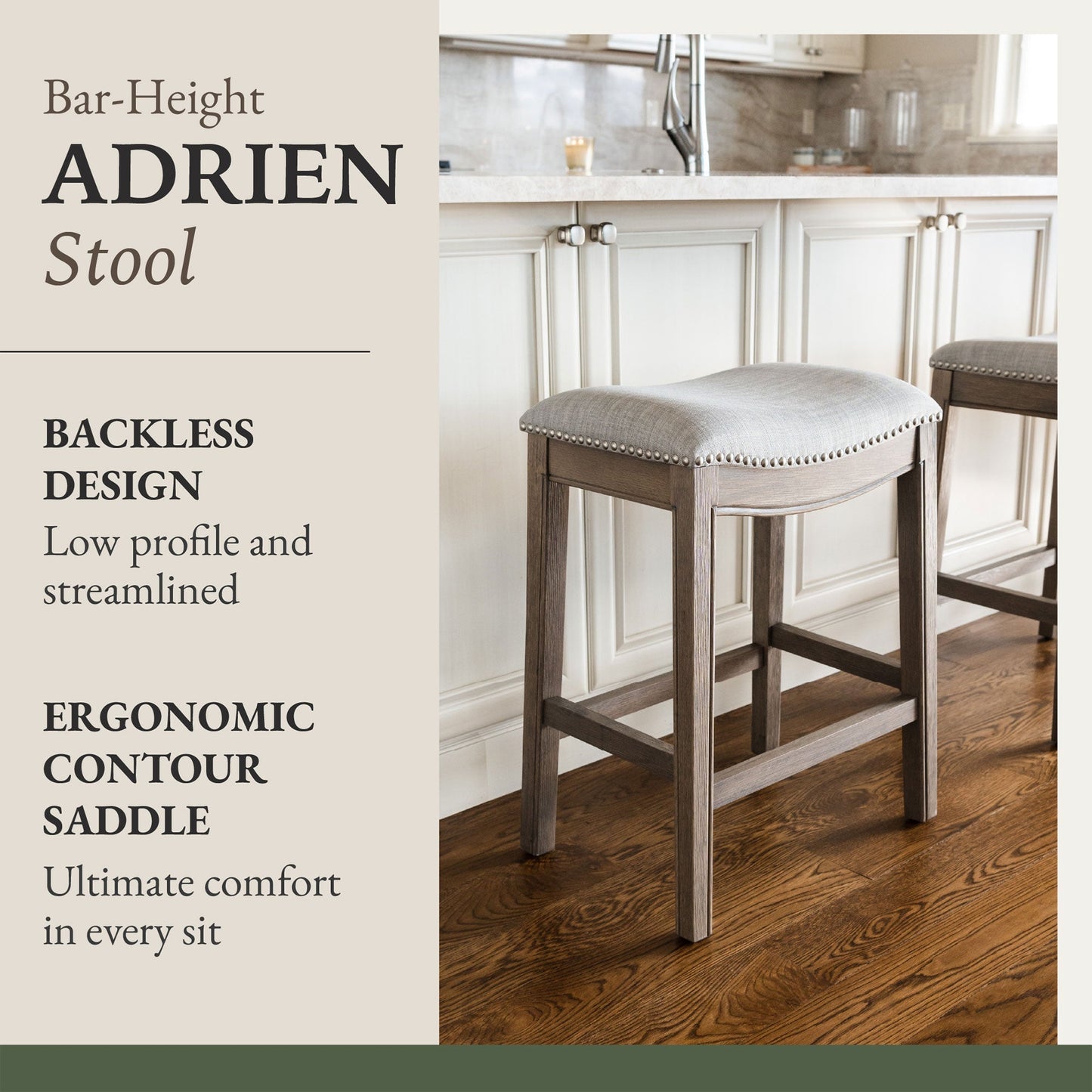 Maven Lane Adrien Saddle Bar Stool in Reclaimed Oak Finish with Ash Grey Fabric Upholstery, Set of 2