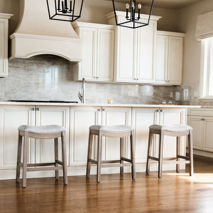 Maven Lane Adrien Saddle Bar Stool in Reclaimed Oak Finish with Ash Grey Fabric Upholstery, Set of 2