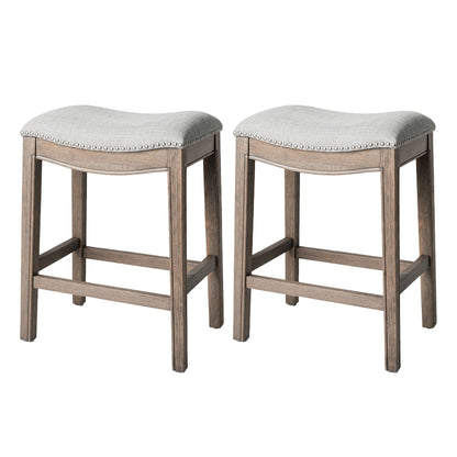 Maven Lane Adrien Saddle Counter Stool in Reclaimed Oak Finish with Ash Grey Fabric Upholstery, Set of 2