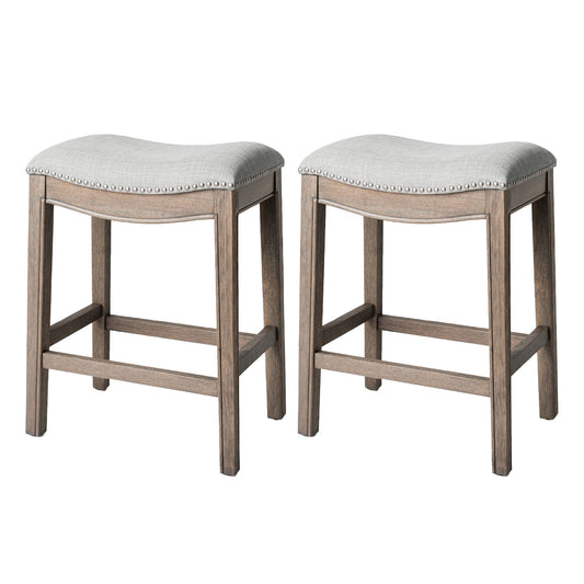 Maven Lane Adrien Saddle Counter Stool in Reclaimed Oak Finish with Ash Grey Fabric Upholstery, Set of 2