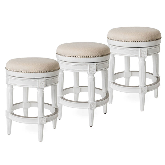Maven Lane Pullman Backless Counter Stool in Alabaster White Finish with Cream Fabric Upholstery, Set of 3