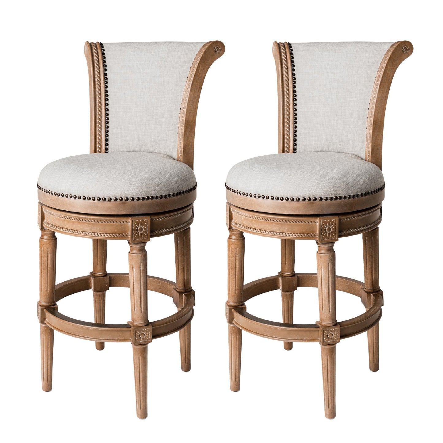 Maven Lane Pullman Bar Stool, Weathered Oak Finish w/ Sand Color Fabric Upholstery, Set of 2