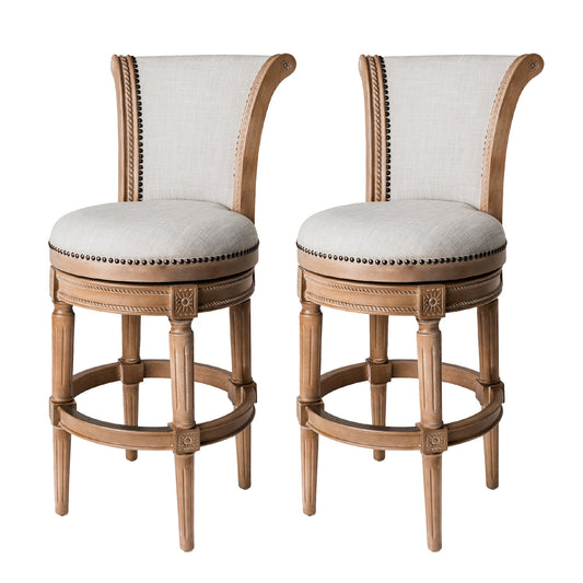 Maven Lane Pullman Bar Stool, Weathered Oak Finish w/ Sand Color Fabric Upholstery, Set of 2