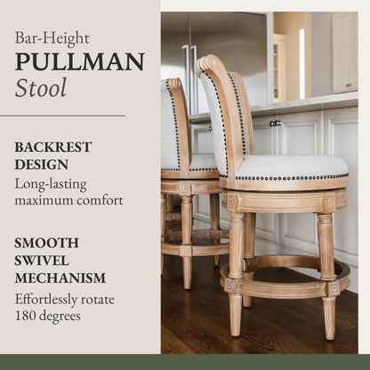 Maven Lane Pullman Bar Stool, Weathered Oak Finish w/ Sand Color Fabric Upholstery, Set of 2