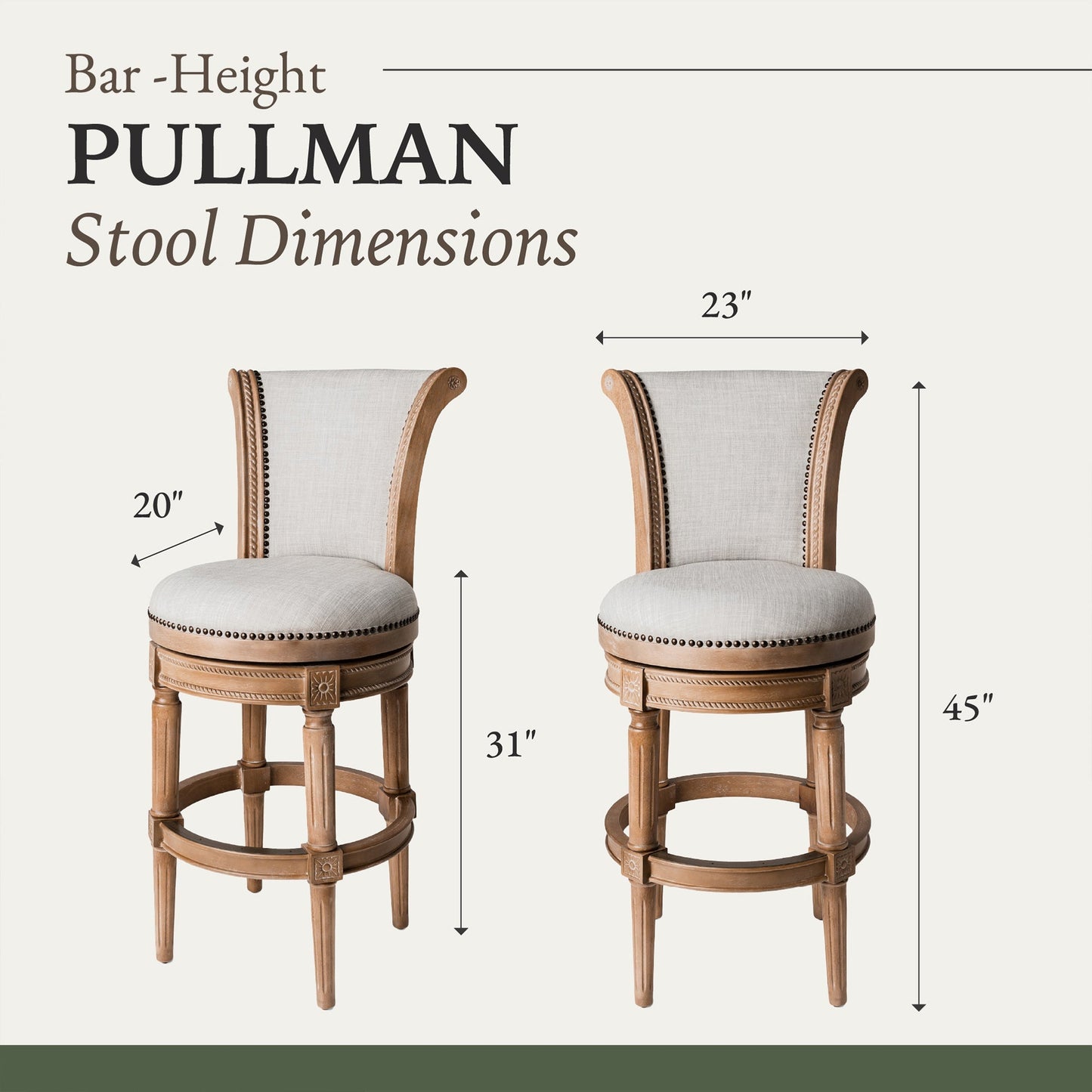Maven Lane Pullman Bar Stool, Weathered Oak Finish w/ Sand Color Fabric Upholstery, Set of 2