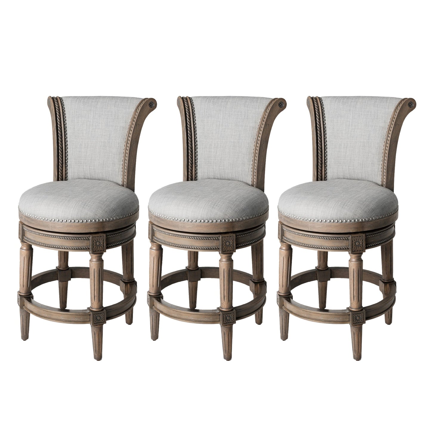 Maven Lane Pullman Counter Stool in Reclaimed Oak Finish with Ash Grey Fabric Upholstery, Set of 3